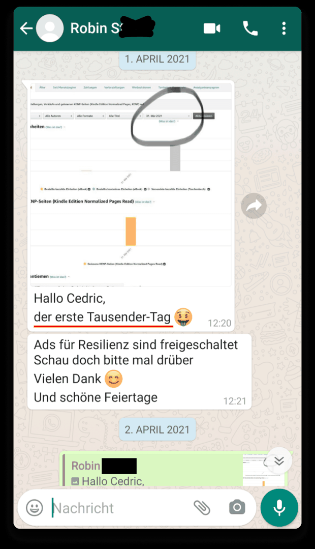 WhatsApp-Nachweis: 1.000 € an einem Tag