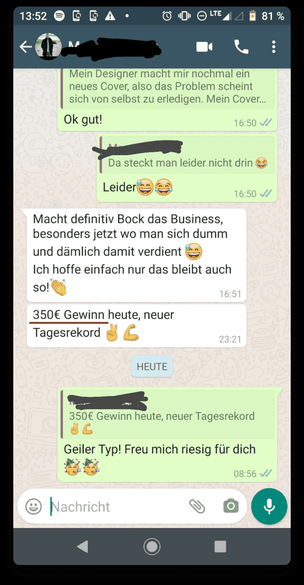 WhatsApp-Nachweis: 350 € Gewinn an einem Tag