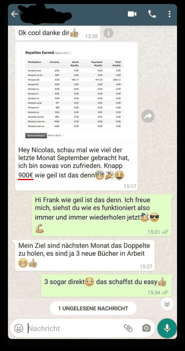 WhatsApp-Nachweis: 900 € in einem Monat